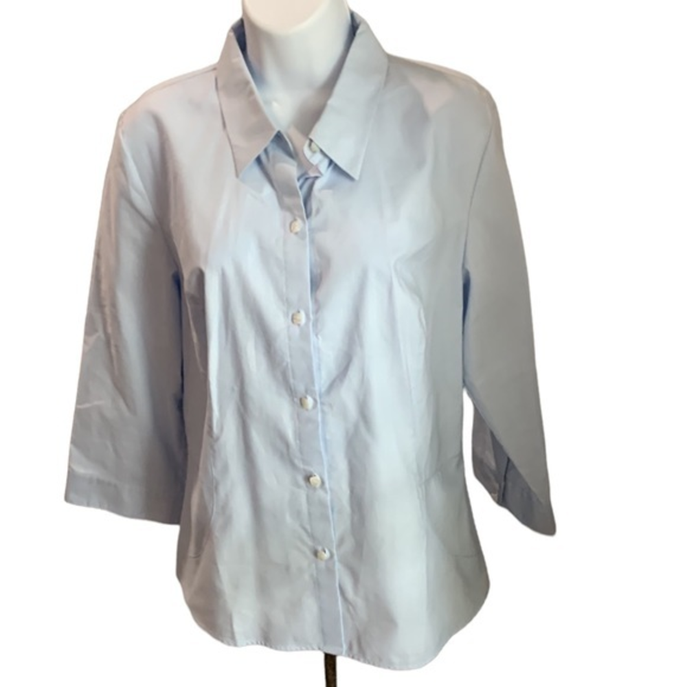 Talbots Stripe Button‎ Down 3/4 Sleeve Size 14 Blue and White Pearl Buttons